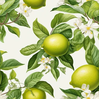 Citrus green fruits and white flowers seamless pattern