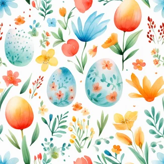 A colorful Easter watercolor pattern featuring flowers in shades of orange and aquamarine.
