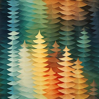 Colorful abstract tree mosaic pattern with zigzag forms and mosaic-like patterns against a blue, orange and yellow gradient background