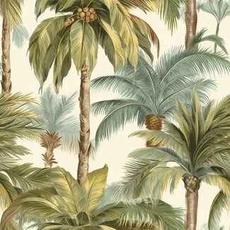 Tropical Palms Wallpaper with lifelike rendering of palm trees and leaves in shades of light yellow, dark brown, green, and amber with heavy shading that creates a multidimensional effect.