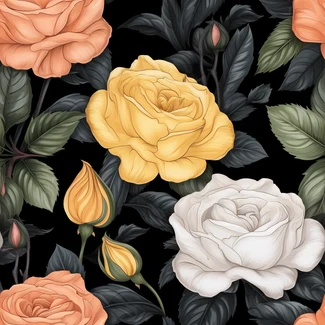 A seamless floral pattern featuring a botanical illustration of vivid yellow, white and orange roses on a dramatic black background.