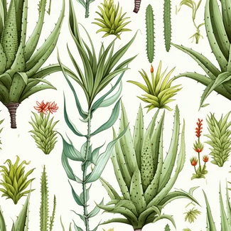 A seamless pattern of aloe plants and cacti in traditional Mexican style, with detailed foliage and a light green and amber color palette.
