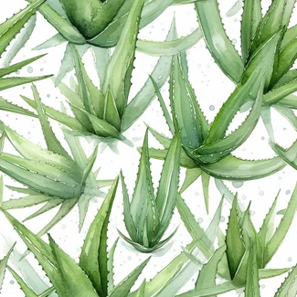 A seamless pattern of Aloe Vera leaves in varying shades of green on a white background, with a silver and green multilayered texture.