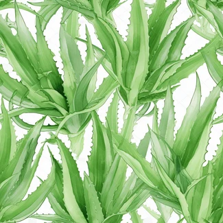 A botanical seamless pattern featuring watercolor green aloe vera leaves on a white background.