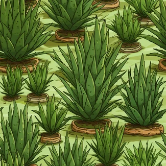 A seamless pattern of Aloe Vera plants on a green background, set in an agave field with a cartoonish feel.