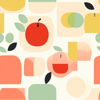A colorful pattern of organic apples and geometric squares on a white background.