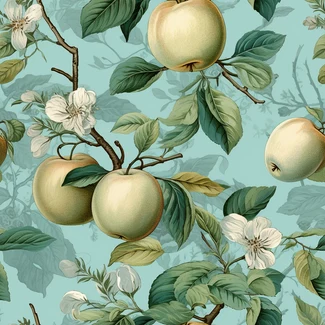 Apple Branches seamless pattern featuring botanical illustrations in a nostalgic, romanticized style with realistic usage of light and color.