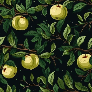A seamless pattern of hand-drawn apple branches and fresh green leaves illustration on black background