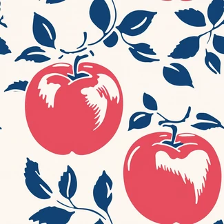 A seamless pattern featuring red and blue apples on a navy background, in the style of works progress administration (wpa).