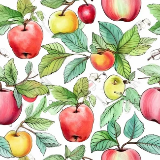 Watercolor apples and leaves on a white background seamless pattern