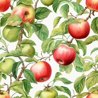 Watercolor Apples pattern with red and green apples on a branch with leaves.