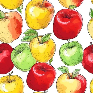 A seamless pattern of colorful apples on a white background, in the style of colorful ink wash paintings, light yellow and red, with contoured shading and realistic detail.