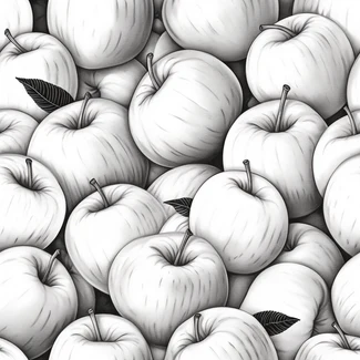 A monochrome illustration of apples with detailed shading and hidden details on a white background
