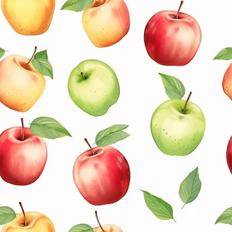 A seamless pattern of red, green and yellow apples on a white background.