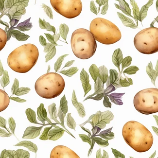 A watercolor pattern of potatoes and herbs on a white background.