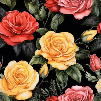 A stunning seamless floral pattern of red and yellow roses on a black background, in the style of realistic watercolor paintings, perfect for adding a touch of elegance to any project.