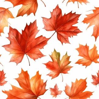 A seamless pattern of watercolor maple leaves in shades of orange and red on a white background.