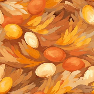 A vibrant and colorful pattern featuring autumn leaves, eggs, and straw.