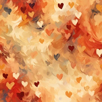 Colorful abstract pattern of swirling hearts in warm autumn tones with intricate brushwork and texture.