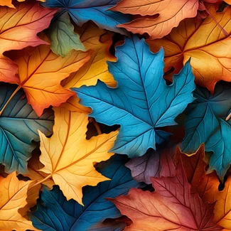 A colorful and multi-layered wallpaper pattern featuring vibrant Autumn leaves in shades of blue, green, red, and orange.