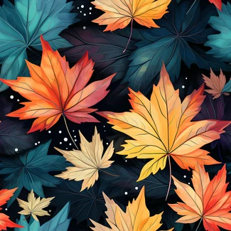 A seamless pattern featuring maple leaves and berries in shades of orange and azure set against a dark, smokey background.