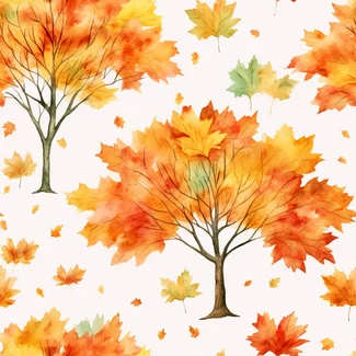 An Autumn Maple Tree Watercolor Pattern with radiant clusters of gold and orange maple leaves on a crisp white background.