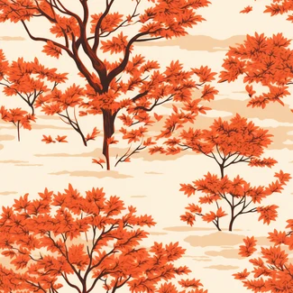 A seamless pattern featuring red maple trees and a cloud and sun backdrop in light orange colors, inspired by Japanese-style landscapes.