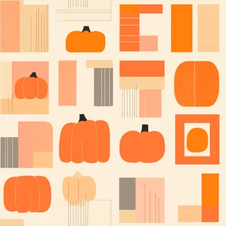 Autumn Patchwork - A playful pattern featuring geometric shapes and pastel pumpkins.