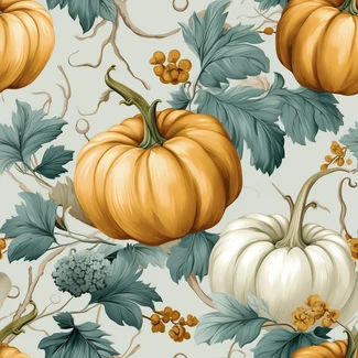 A seamless pattern of pumpkins and foliage in the style of a classic still-life painting.