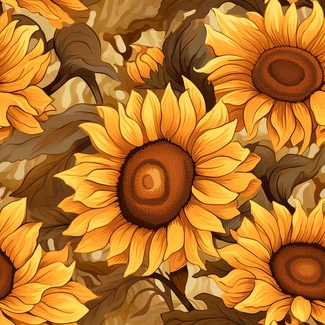 A seamless sunflower pattern with autumn leaves on a smokey background