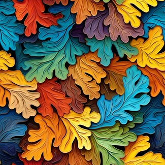 Colorful autumn leaves arranged in an abstract, multidimensional pattern.