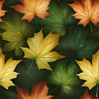 Autumnal Canopy pattern featuring colorful autumn leaves and water drops on a dark green and light amber background