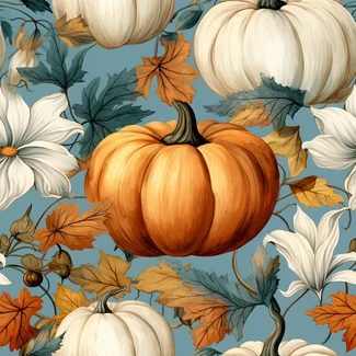 A seamless pattern featuring pumpkins and leaves on a blue background.