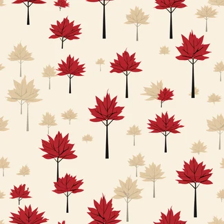 A simple yet colorful pattern of red trees and beige leaves on a white background.