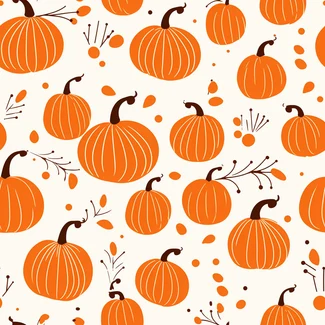Autumnal Pumpkin Leaves Seamless Pattern featuring hand-drawn pumpkins and autumnal leaves in various shades of orange, set against a warm amber background.