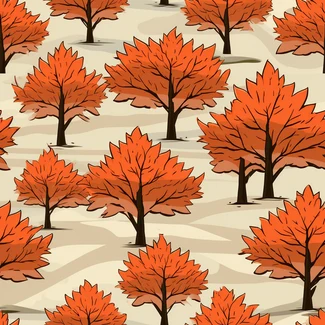 Autumnal Spiky Mounds seamless pattern featuring orange trees and bushes on a beige background in a pop art cartoonish style