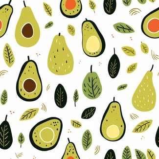 A fun and colorful seamless pattern featuring illustrated avocados and leafy greens.