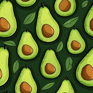 A seamless pattern featuring cartoon avocados and leaves set against a vibrant green paper background.