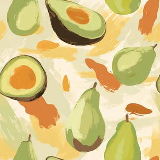 A seamless avocado pattern featuring various styles and warm and fauvist color palettes.