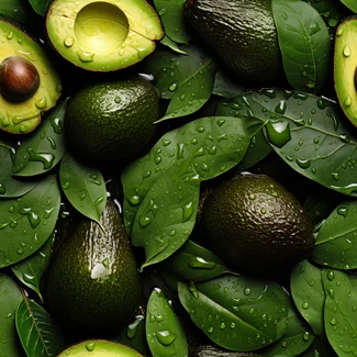 A pattern of avocados on green leaves with water droplets.