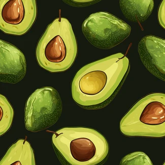 A seamless pattern of ripe avocados on a black background in a cartoon realism style