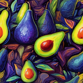 A digitalized painting of avocado fruits, grapes, and leaves in a vibrant and colorful explosion of fauvist colors.