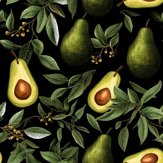 A seamless avocado pattern with ripe avocados, leaves and berries set against a black background, in the style of golden age illustrations with detailed drapery and textured, organic landscapes.