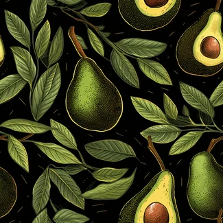 Avocado leaves seamless pattern on black background with detailed engravings of avocados and leaves