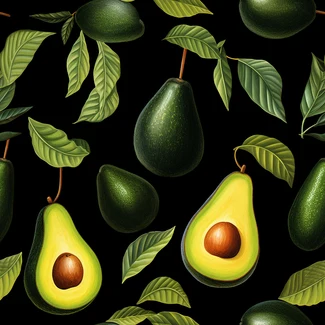 A seamless pattern featuring avocados and leaves in a realistic style with bold black lines and detailed chiaroscuro lighting.