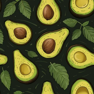A seamless pattern featuring various types of avocados and leaves on a dark background with heavy shading.