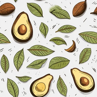 A seamless pattern of ripe avocados and leaves in varying wood grains, with a cartoonish and naturecore style.