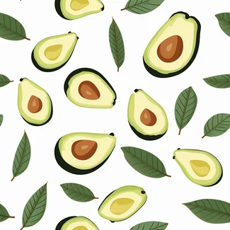 A seamless pattern featuring slices of fresh avocado with leaves on a white background.