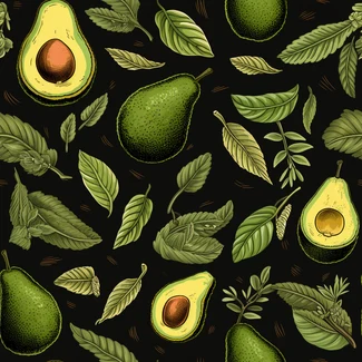 A seamless pattern featuring Avocado and tomato plants set against a black background. The highly detailed foliage and birds-eye-view perspective create a vintage and engaging visual experience.