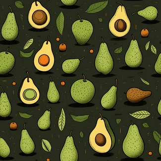 A seamless pattern featuring hand-drawn avocados and leaves arranged in a scattered composition on a black background with earth tones of dark green and amber.